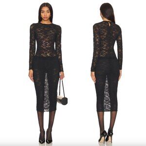 NEW fleur du mal Le Stretch Multifit Midi Dress Black Lace Long Sleeve